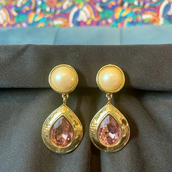 Givenchy Vintage Purple Stone and Pearl Teardrop Earrings Clip On 80s 90s Style - Picture 1 of 6